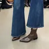 Botines de punta gruesa estilo coreano, de temporada, para mujer, primer encuentro, botines marrones de invierno ajustados, botines elásticos versátiles, botines ajustados de tacón bajo