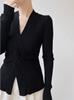 Mostre Sua Figura com um Suéter de Malha com Decote em V Cruzado para Mulheres 2025, Blusa Base de Manga Longa Slim-Fit para Outono