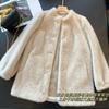 Abrigo peludo con hebilla redonda de cobre envejecido, cuello redondo, manga de princesa, sedoso, voluminoso, tono sobre tono M1229W