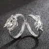 Tótem Étnico Dragón Plateado y Fénix Relieve Anillo Dragón y Fénix Pareja Apertura Anillo de Dedo Dragón y Fénix Regalo de San Valentín