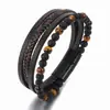 Pulsera de Piedra Ojo de Tigre Natural para Hombre de Venta Caliente Transfronteriza Pulsera de Cuero de PU Multicapa Retro Tejida a Mano con Cuentas en Stock