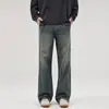 Jeans de ajuste limpio desgastados estilo retro americano para hombre, corte holgado moderno, pantalones rectos lavados versátiles para comercio transfronterizo