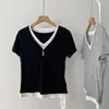 Camiseta de Manga Corta de Tencel con Cuello en V, Falsa de Dos Piezas, Diseño Inspirado en el Estilo Coreano 2026 para Mujer, Top Básico Casual de Verano Ajustado