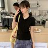 Tiro Real # Camiseta de Color Puro Estilo Hong Kong para Mujer de Manga Corta 2025 Nuevo Versátil Top de Manga Media Polo con Cuello