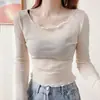 Top corto de malla con bordes de volantes para mujer, cuello redondo, fino, adecuado para llevar debajo de un vestido tipo camisola, top de encaje casual y versátil, moderno