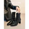 Versão em Couro~Botas Slim Quadradas de Salto Alto Estilo Coreano, Botas Curtas para Mulheres, Botas Martin Retrô de Salto Grosso, Botas Curtas Estilo Britânico