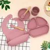 AliExpress Mais Vendido Conjunto de 6 Peças Babador de Bebê Refeição Tigela Redonda Colher Garfo Prato Dielétrico Conjunto de Louça de Silicone Suplementado