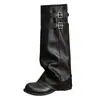 Botas de cano alto da moda, de nicho, que emagrecem, com detalhes de fivela, botas de couro estilo europeu e americano, botas de motociclista e calças bootcut estilo Melard