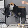 Roupa Infantil para Meninos Pequenos, Jaqueta de Couro Jacquard Patchwork Estilosa de Outono com Gola Reversível, Camisa Básica e Jeans com Apliques de Estrela