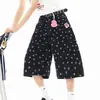 Calça Jeans Cropped Estampada de Bolinhas Retrô Americana Verão 2026 Fina Solta Lavada Wide Leg Shorts