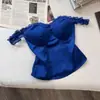 Top de encaje sexy vintage strapless azul de tiras con escote en V para mujer