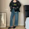 Jeans Retro Azules de Cintura Alta Cortos de Pierna Recta para Mujer, Estilo Coreano de Verano Sueltos Elásticos Versátiles Estrechos Casuales Pantalones de Pierna Ancha