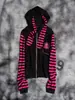 Sudadera con Capucha y Cintura Ajustable de Rayas Rosas Estilo Americano con Orejas de Conejo para Mujer, Estilo Retro Nuevo, Subcultura Y2K, Chaqueta Sudadera para Mujer