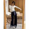 Diseño de Pantalones Vaqueros Sueltos de Pierna Ancha con Parches Elegantes de Corbata de Moño para Mujer, Pantalones Rectos Fluidos de Longitud al Suelo para la Temporada de Primavera