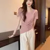 Ropa de Mujer Transfronteriza, Cubre Vientre, Camiseta de Manga Corta con Hombro Normal, Nuevo Estilo Verano 2025, Diseño de Tallas Grandes, Top Irregular con Cuello en V