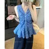 Top de tirantes tejido de algodón puro, floral azul, con escote en V, volantes, sin mangas y fruncido, para mujer en verano