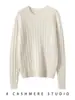 Suéter de punto trenzado de cuello redondo de siete puntos 100% cachemira pura para mujer, jersey de color liso, camisa base cálida casual de manga larga
