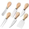 Juego de 4 cuchillos para queso de acero inoxidable con mango de madera, cortador de mantequilla, cortador de pizza, juego de cuchillos para queso en stock