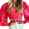 2025 Verano Transfronterizo Sexy para Mujer Manga Abullonada Solapa Manga Larga Top Camisa Estampada