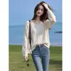 Cardigan protector solar coreano chic, estilo suelto y casual, cuello en V, suéter de punto de manga larga versión coreana, color albaricoque, talla única, morado, azul, estilo europeo y americano