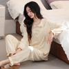 Pijama de Algodón Puro de Manga Larga para Mujer para Primavera y Otoño con Almohadillas en el Pecho, Conjunto de Ropa para el Hogar de Algodón Casual de Talla Grande para Mujer de Otoño