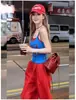 3670 Nova roupa feminina estilo coreano, camisola sexy com nó e estampa de letras, corte justo e design de duas peças falsas