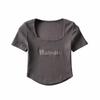 Moda Europeia e Americana Retrô Gola Quadrada Bordado de Letras Osso da Clavícula Exposto Manga Curta Camiseta Cor Sólida Justa Cintura Alta Cropped