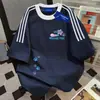 Camiseta de Manga Corta de Algodón Puro de Peso Pesado Estilo Japonés Marca de Moda Chic Rayas Triples para Hombres y Mujeres, Verano Corte Holgado, Top Estilo Pareja para Viajar