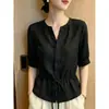 2026 Nueva Blusa de Estilo Francés Reductora de Edad, Adelgazante, Ligera, Transpirable para Mujer, Top de Verano Holgado con Diseño de Manga Corta