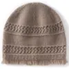 Chapéu de Cashmere Feminino 100% Cashmere Puro Outono Inverno Simples Cor Sólida Borda com Franjas Versátil Tricô Quente Cobertura para a Cabeça