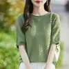 Camisa de algodão 100% com gola redonda, mangas curtas vazadas, textura oca tridimensional, design de nicho para primavera e verão, versátil e confortável, atacado