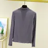 Nova estilo de verão, camiseta de algodão Bit com gola alta e mangas compridas para mulheres, versão coreana, cor sólida, fina, solta, modeladora, blusa básica plus size