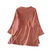 Foto real de top de algodón y lino tie-dye para mujer, modelo nuevo 2026, cuello mao, camisa abotonada estilo Zen, cárdigan retro chino desgastado