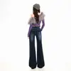 Jeans para mujer transfronterizos, ligeramente acampanados, estilo americano, de doble botón, tiro bajo, lavado azul grisáceo oscuro, pantalones largos, azul grisáceo oscuro, longitud extendida, Yichun