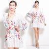 Vestido de estilo europeo y americano 2024 con escote en V, moda nueva, estampado de caleidoscopio, algodón y lino, manga larga, flor de posicionamiento, cintura elástica