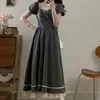 Vestido largo de verano para mujer, estilo universitario, con retazos de encaje, cuello alto cuadrado, cintura entallada, rejuvenecedor, línea A, petite
