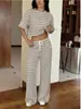 Conjunto de Dos Piezas de Punto Rayado de Manga Corta y Pantalón Ancho de Pierna Nuevo Transfronterizo Europeo y Americano Conjunto de Moda Casual para Mujer