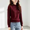 Cuello medio alto, mangas abullonadas, camisa base de color liso, lujo ligero, elegante, adelgazante, versátil, casual, jersey de punto acanalado de manga larga para otoño e invierno