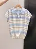 Top de punto tipo polo casual estilo coreano para mujer, diseño de verano 2026 con cuello camisero de rayas color block y mangas cortas acampanadas
