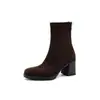 Botas retro de ante para primavera y otoño, botines con punta cuadrada y tacón grueso de 7 cm, botas elásticas versátiles, elegantes botas de moda británica