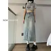 Saia Jeans Feminina de Cintura Alta Cor Clara Outono Fina Novo Estilo 2024 Pequena Média Comprimento Fenda Linha A