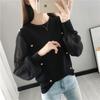 Camisa de malha fina de cor sólida com costura, blusa básica para outono inicial, outono, estilo doce feminino, novo top feminino de manga longa