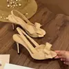 Sandalias de tacón de aguja color nude de estilo nuevo 2026, punta redonda, punta abierta, con lazo, charol para mujer, tacones altos cómodos y sexys sin talón