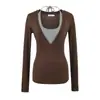 Camiseta de Manga Larga Ajustada para Mujer 2025 Otoño Estilo Coreano, Camiseta de Dos Piezas Falsas con Cordones y Cuello Halter, Color de Contraste, Aspecto Adelgazante, Prenda Base