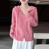 Cardigan de Tricô com Capuz de Lã Pura, Manga Longa, Zíper Duplo, Cor Sólida, Suéter Solto de Lã, Top - Nova Coleção Outono/Inverno 2026