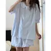 Pijama de Renda com Bolinhas Estilo Coreano Gola Boneca para Mulheres Verão Doce Romântico Manga Curta Shorts Conjunto para Casa Pode Ser Usado Fora