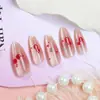 24 Piezas de Uñas Postizas Nuevas Estilo Ojo de Gato Boutique Almendra Hechas a Mano Manicura Degradado Rojo Cereza Parches Listas para la Venta