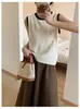 Nuevo chaleco de punto sin mangas de seda helada con cuello redondo de color de contraste de verano, camisola, chaleco para mujer, top fino holgado, exterior de moda