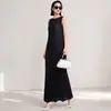 Vestido largo de jacquard tejido a mano de alta gama estilo japonés, color liso, plisado, sin mangas, cuello redondo, corte holgado, drapeado, corte recto, para mujer