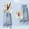 Conjunto de pantalones vaqueros para niña, atuendo de otoño, cuello de camisa infantil, sudadera de imitación de dos piezas, pantalones de pierna ancha, conjunto de dos piezas para niñas de primavera y otoño